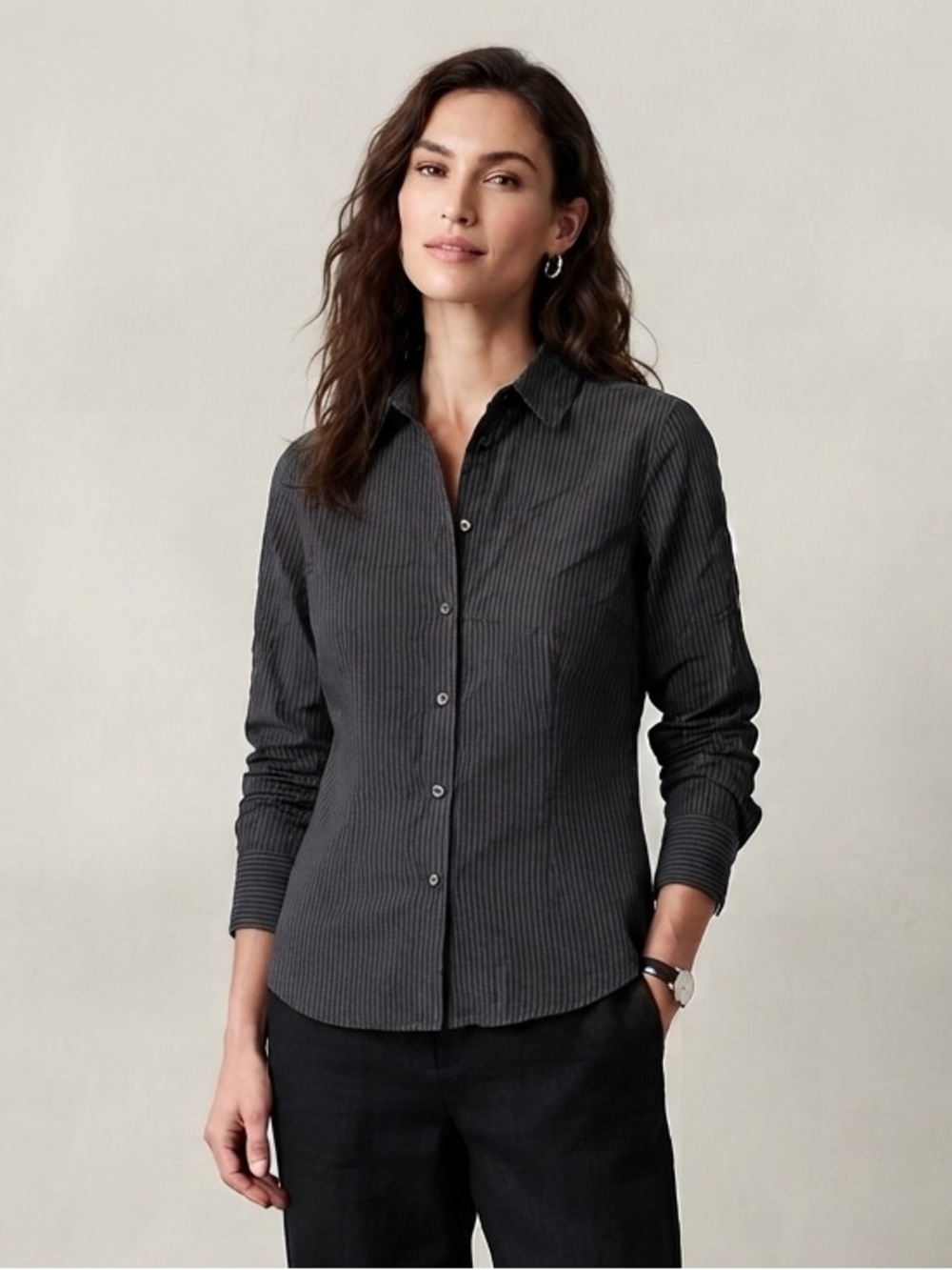 Women's Slim Pinstripe Button-Down Shirt in Charcoal